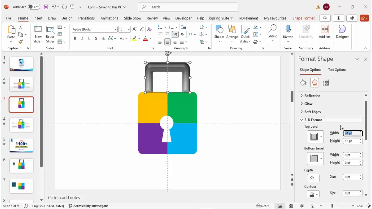 Padlock shackle with applied 3D bevel and gradient fill