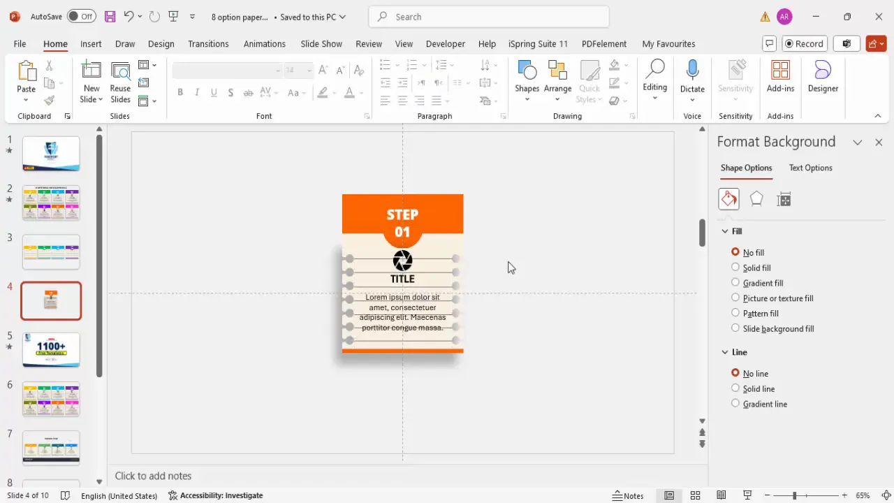 Step number with icon, title, and detailed description text in PowerPoint
