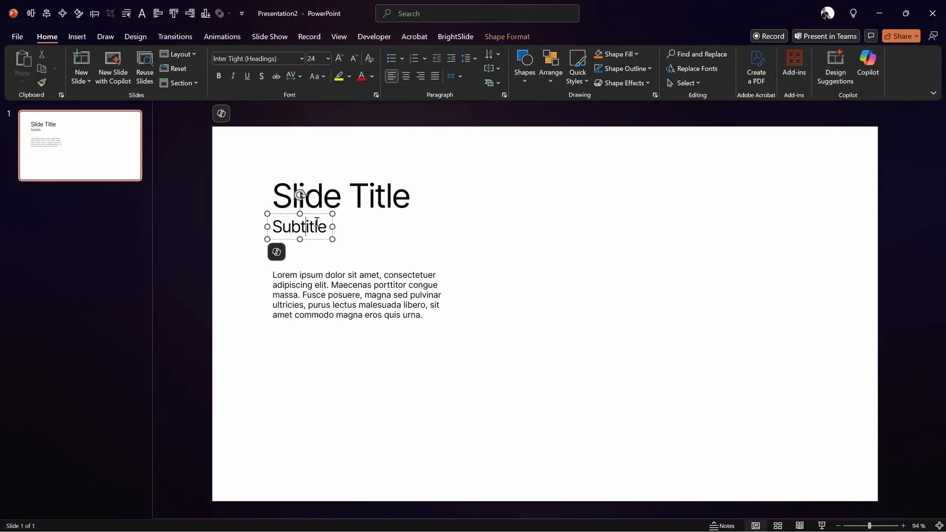 PowerPoint slide showing font size and style setup