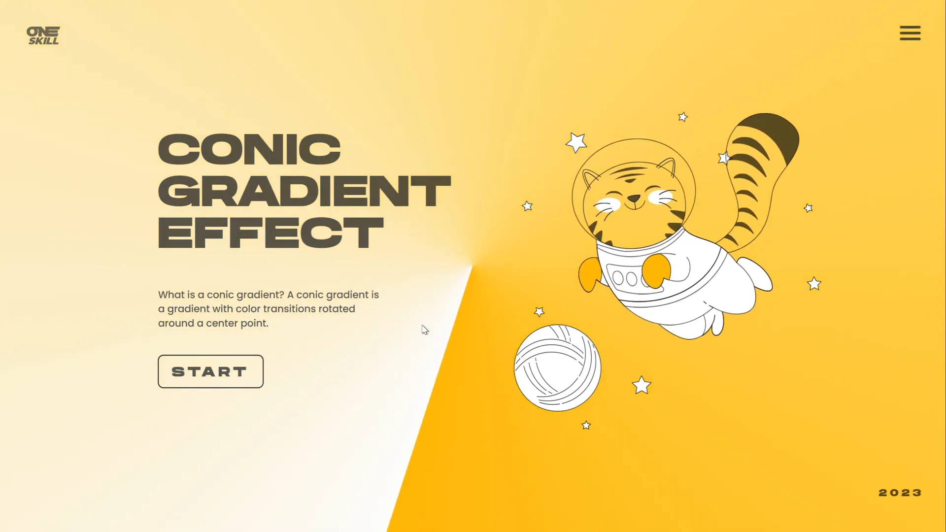 Slide showing animated conic gradient with text boxes and flying cat illustration