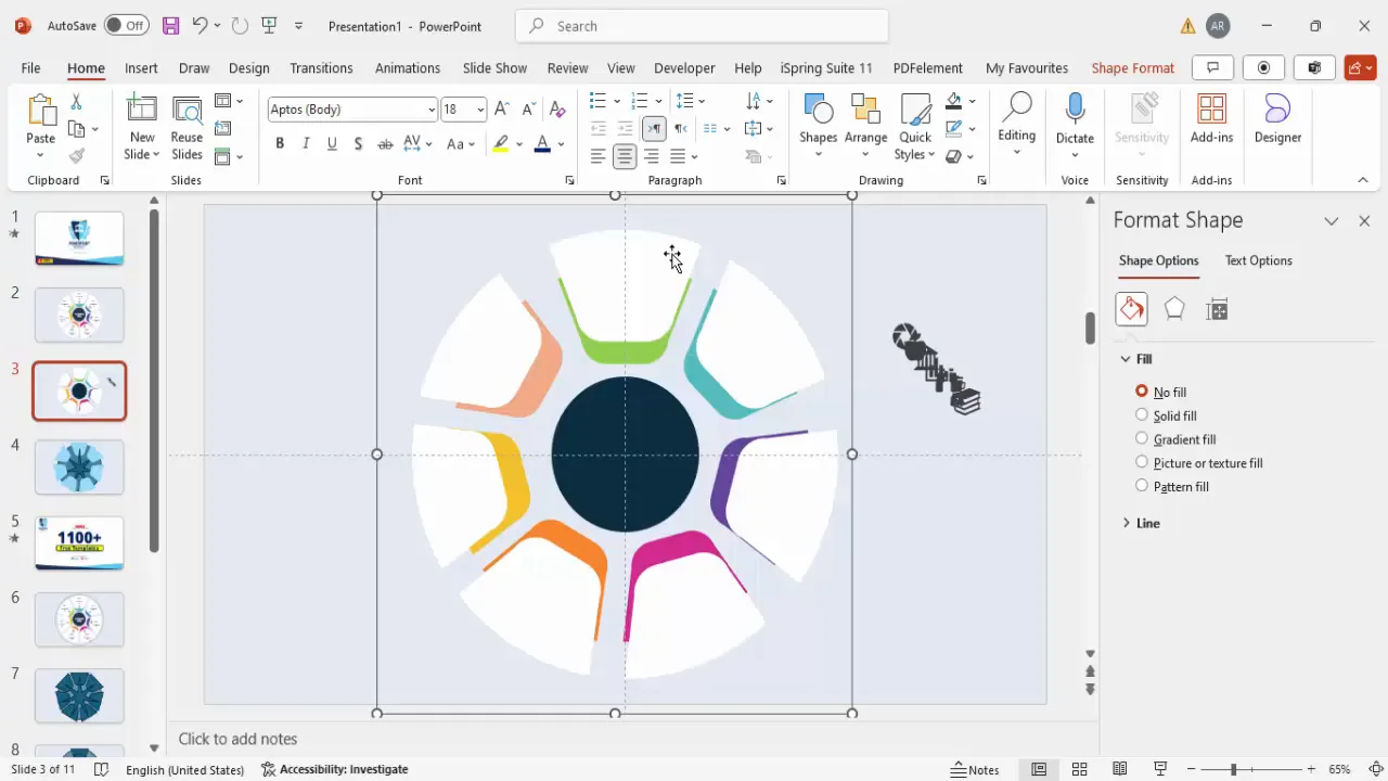 Icons placed over infographic segments with shadow effects