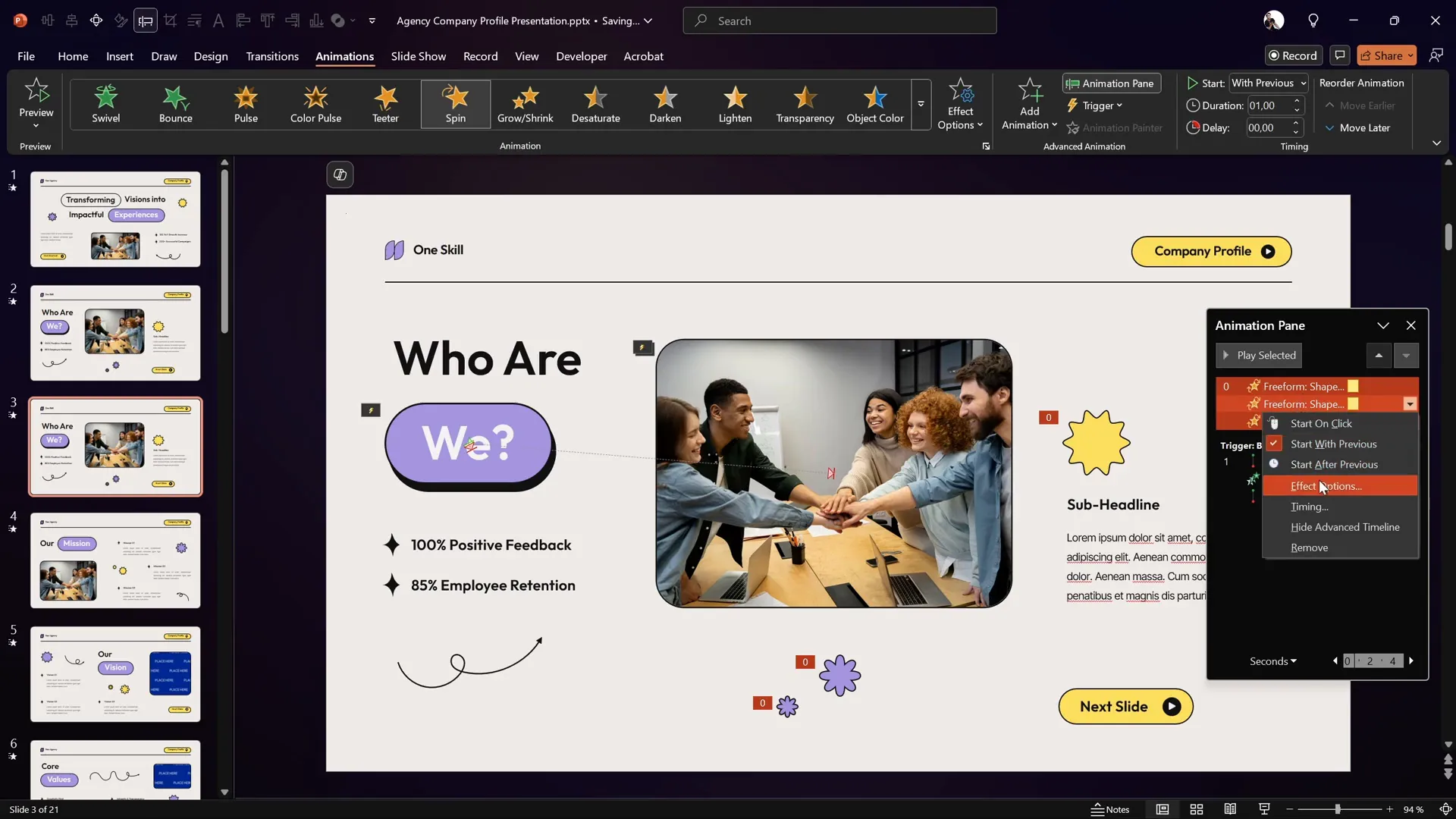 Applying spin animation to star shapes