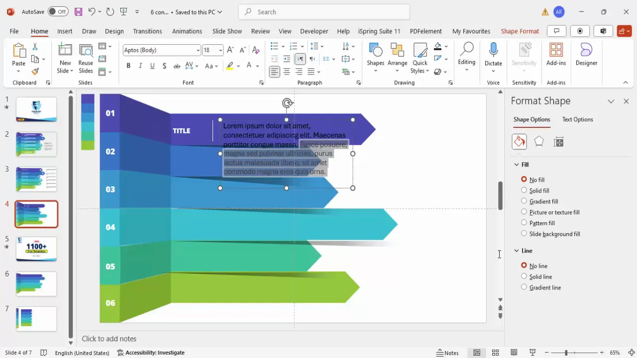 Text boxes for page numbers, titles, and detail text with white lines and icons