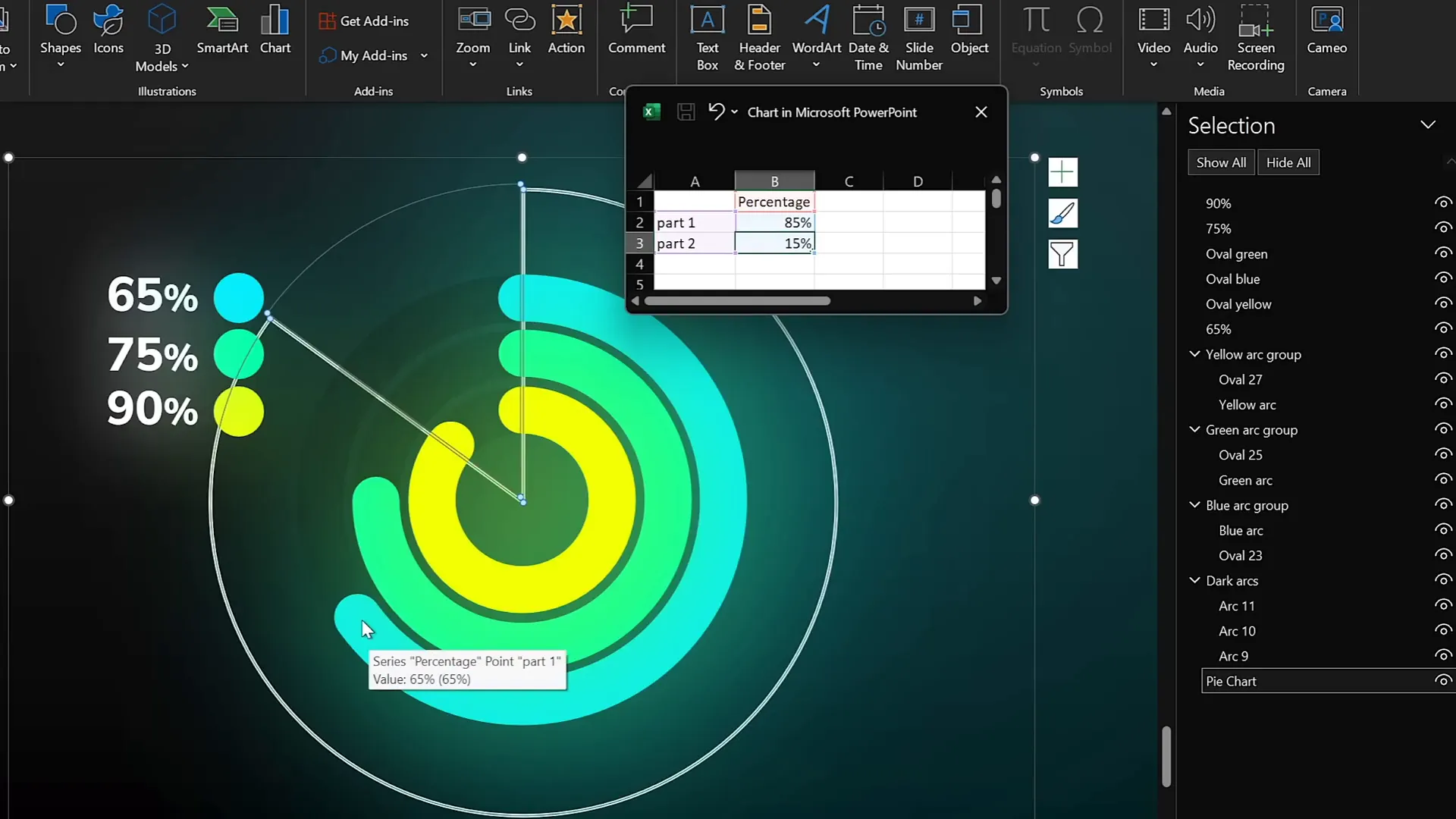 Pie chart with editable data used to align donut chart arcs precisely
