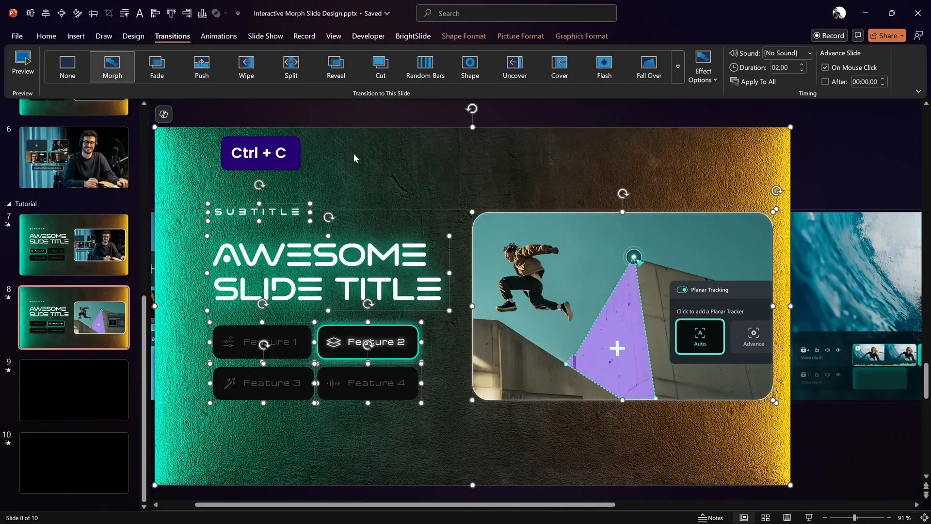 Smooth morph transition between slides showing scrolling photos and active buttons