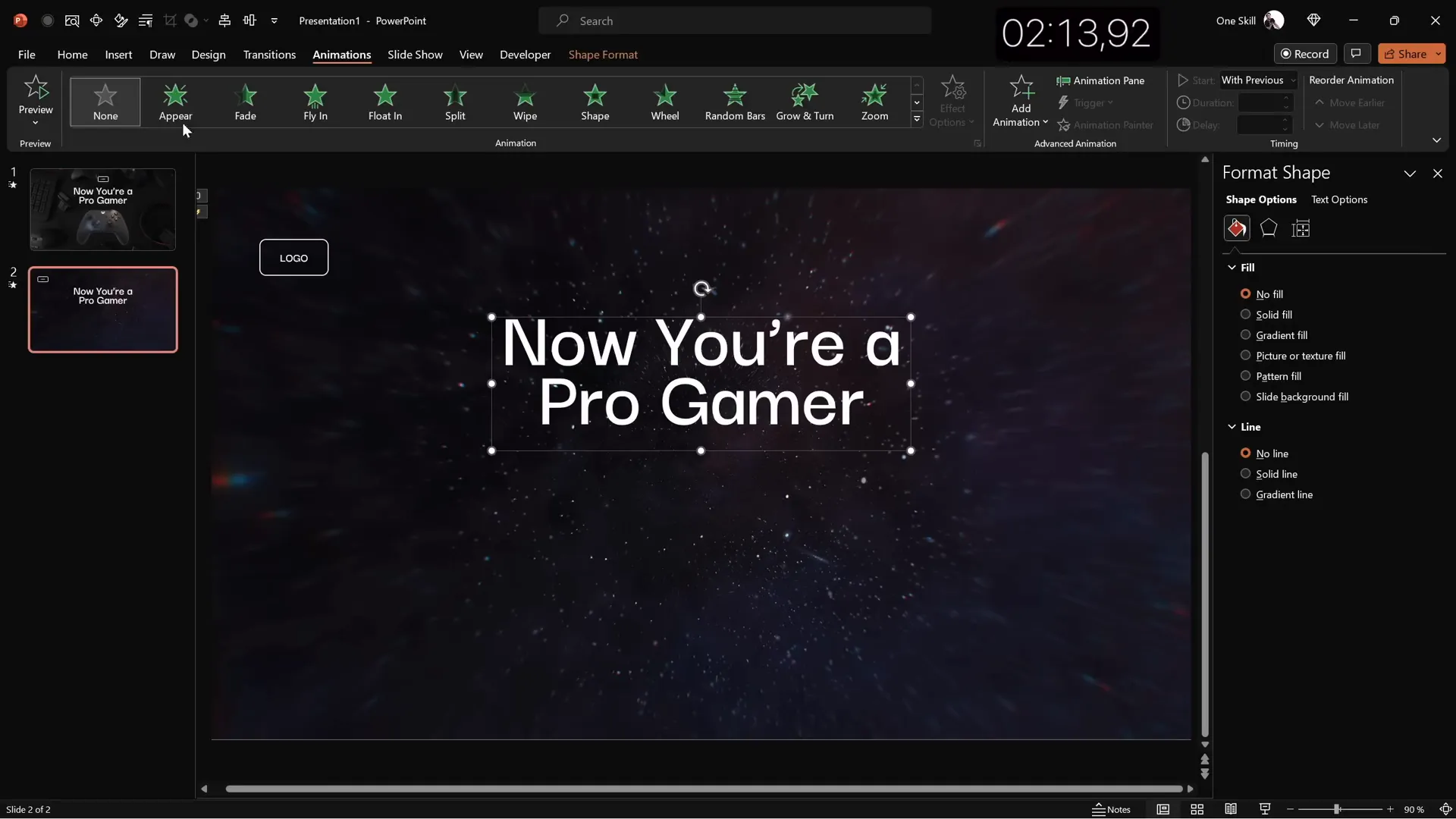 Slide with full-screen looping video, quote text, and circular portrait photo