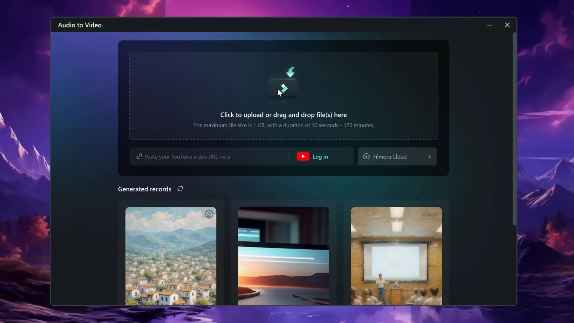 Filmora Audio to Video interface showing audio upload and style options