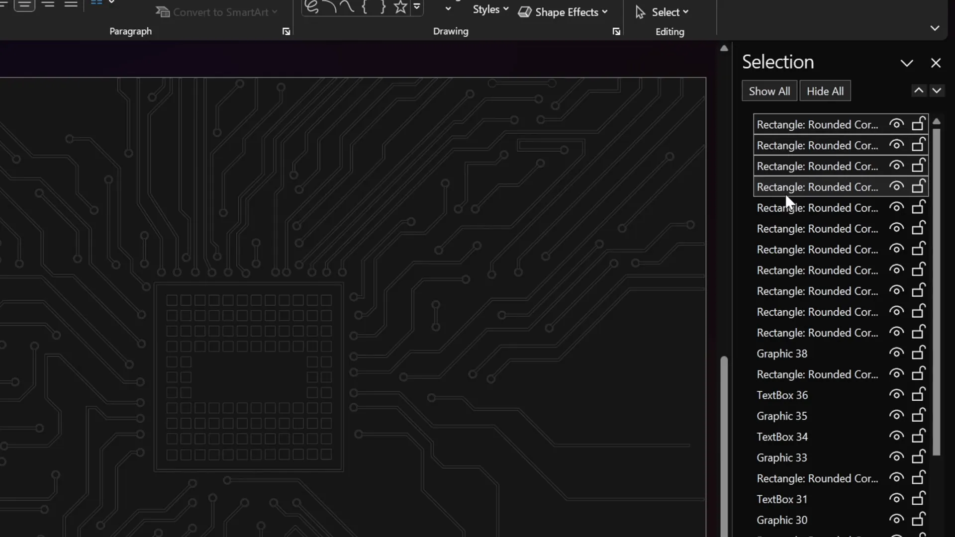 PowerPoint selection pane showing invisible clickable rectangles for sidebar navigation