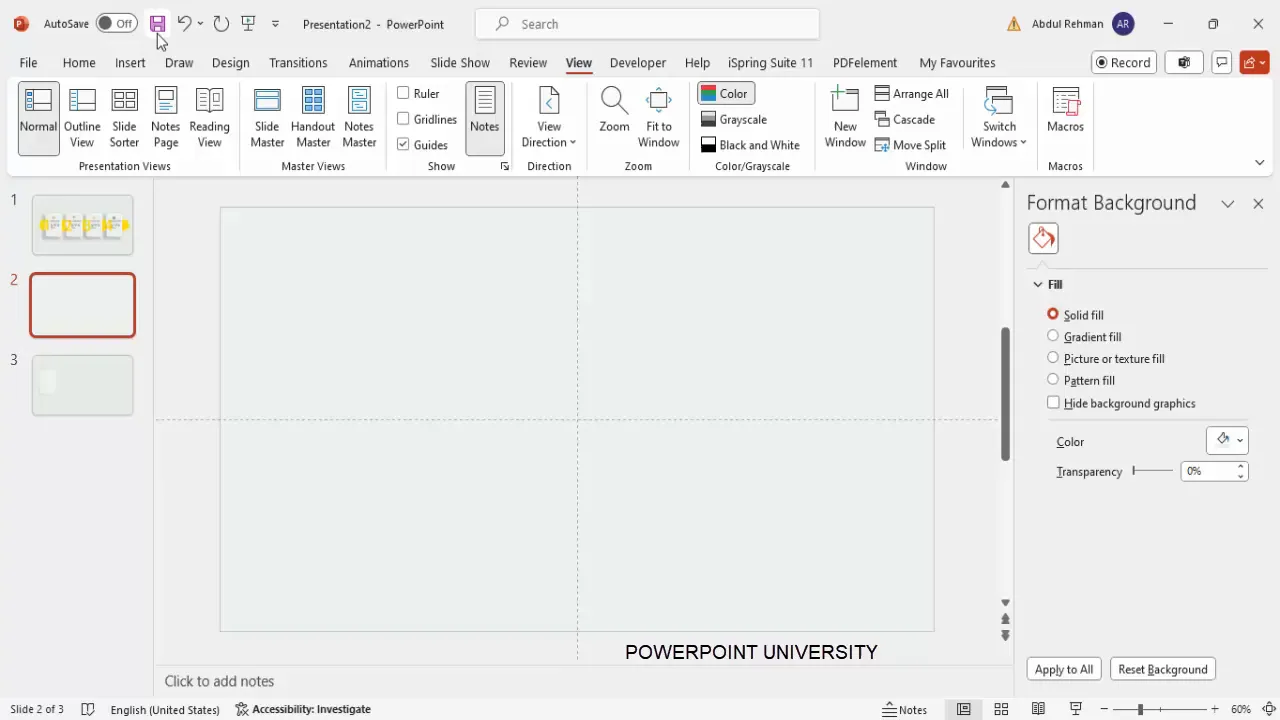 PowerPoint slide with guides enabled and light background applied