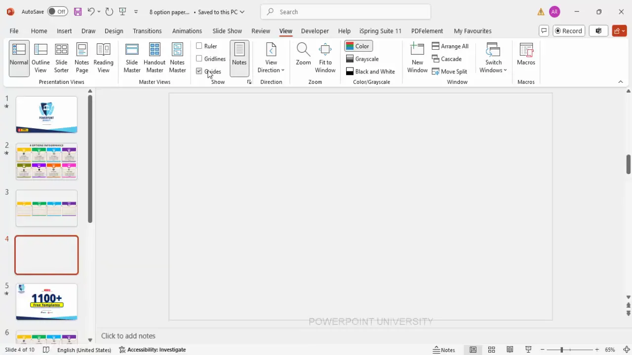 PowerPoint slide with light background and enabled guides for alignment