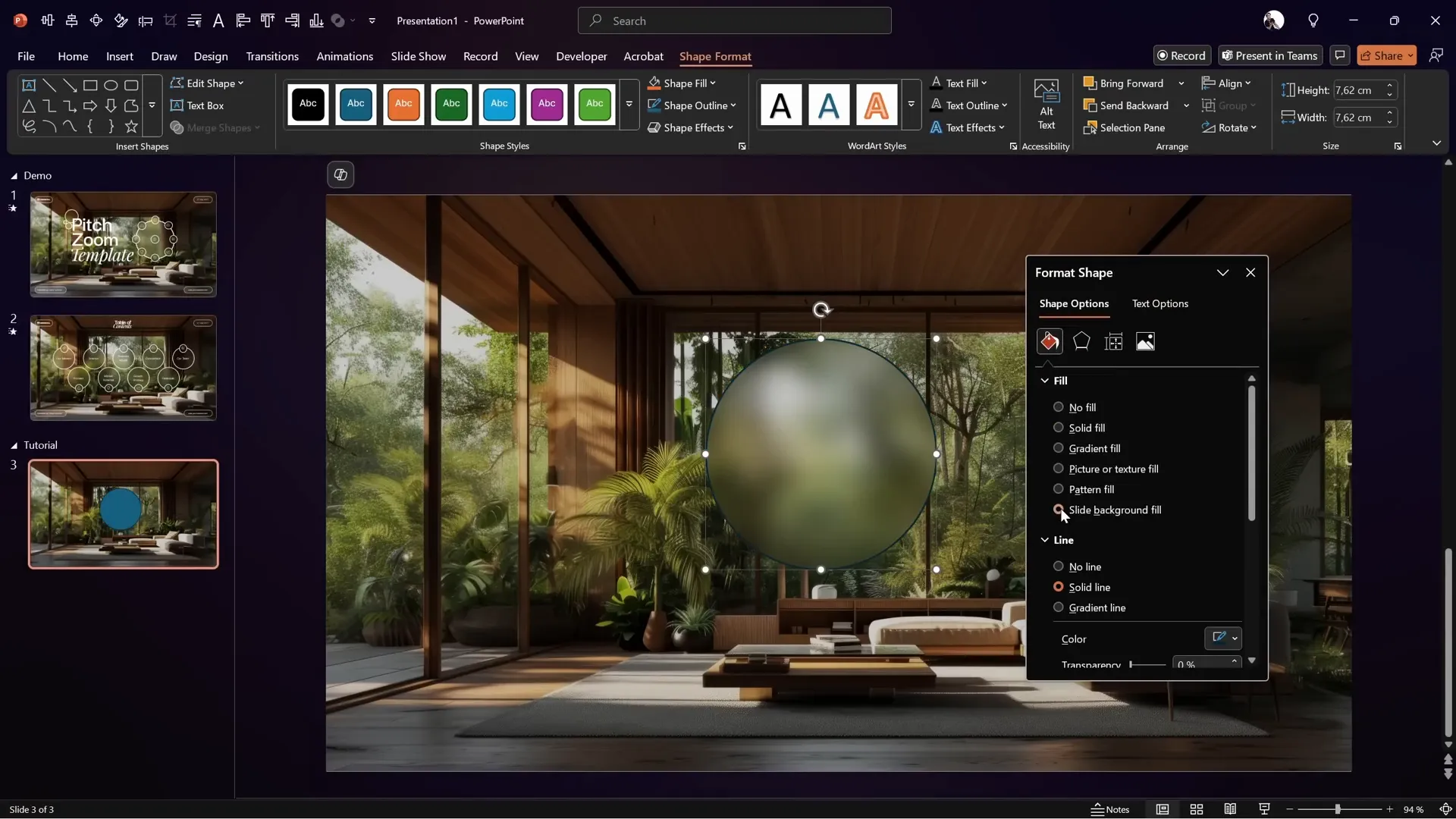 Using slide background fill for a shape to create glassmorphic effect