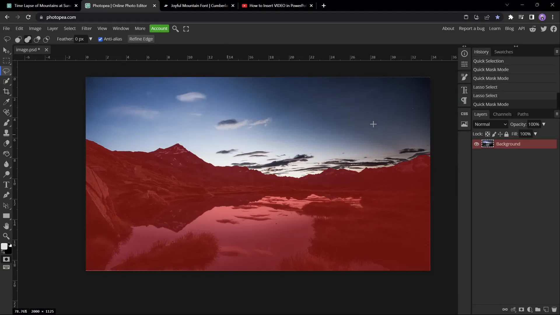 Using Photopea to create vector mask for video sky removal