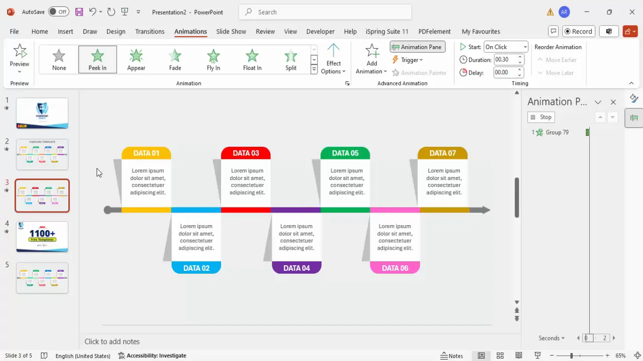 Animation pane showing Peek In animations applied to timeline segments