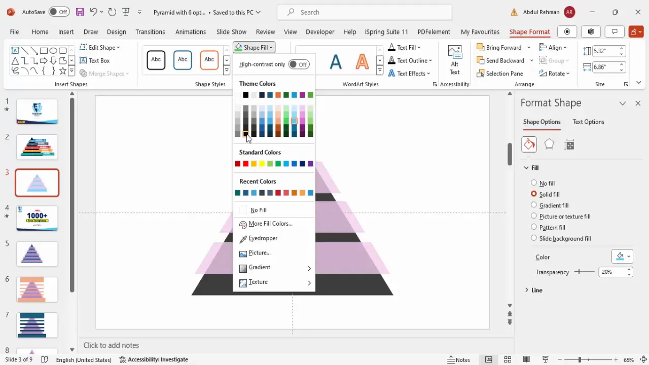 Applying solid colors to pyramid segments
