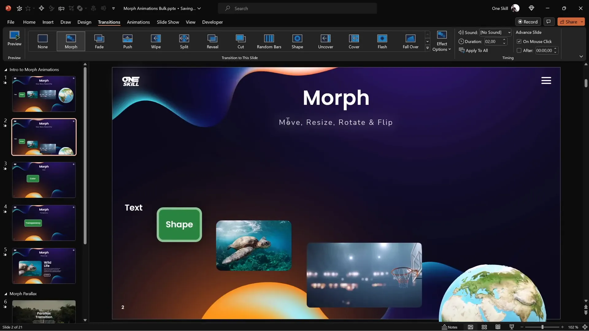 Objects moving downwards with morph transition preview