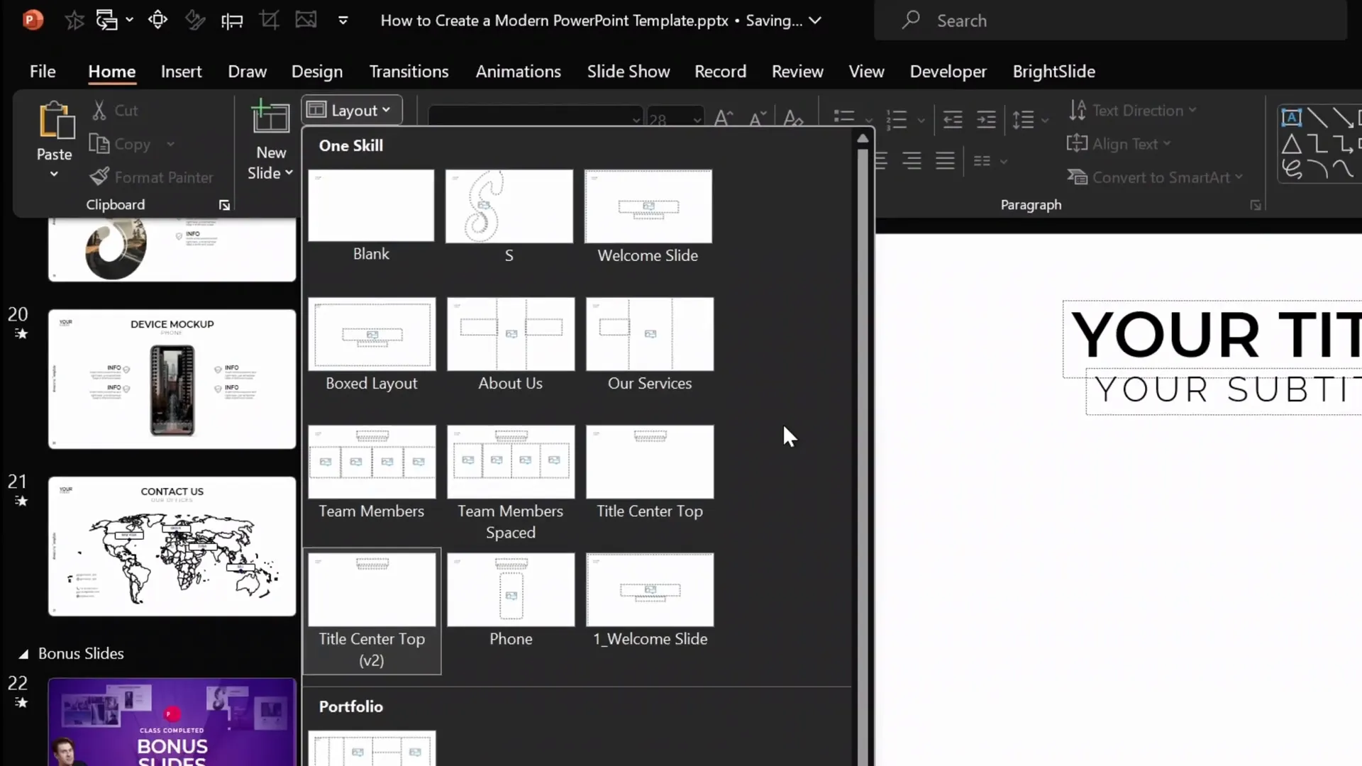 Inserting a new slide with a custom layout including title, subtitle, logo, and slide number