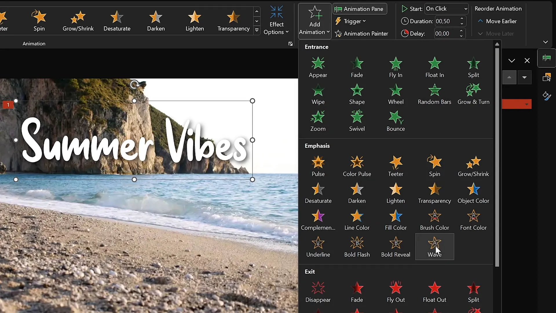 Animated wavy text title in PowerPoint with zoom and wave animations
