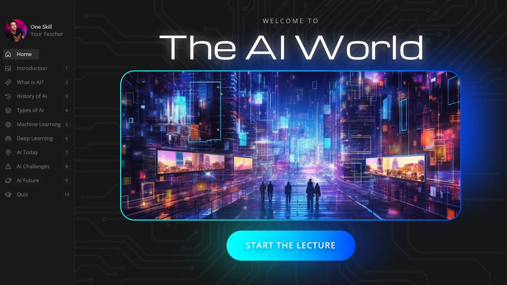 PowerPoint course sidebar navigation showing sections on AI topic