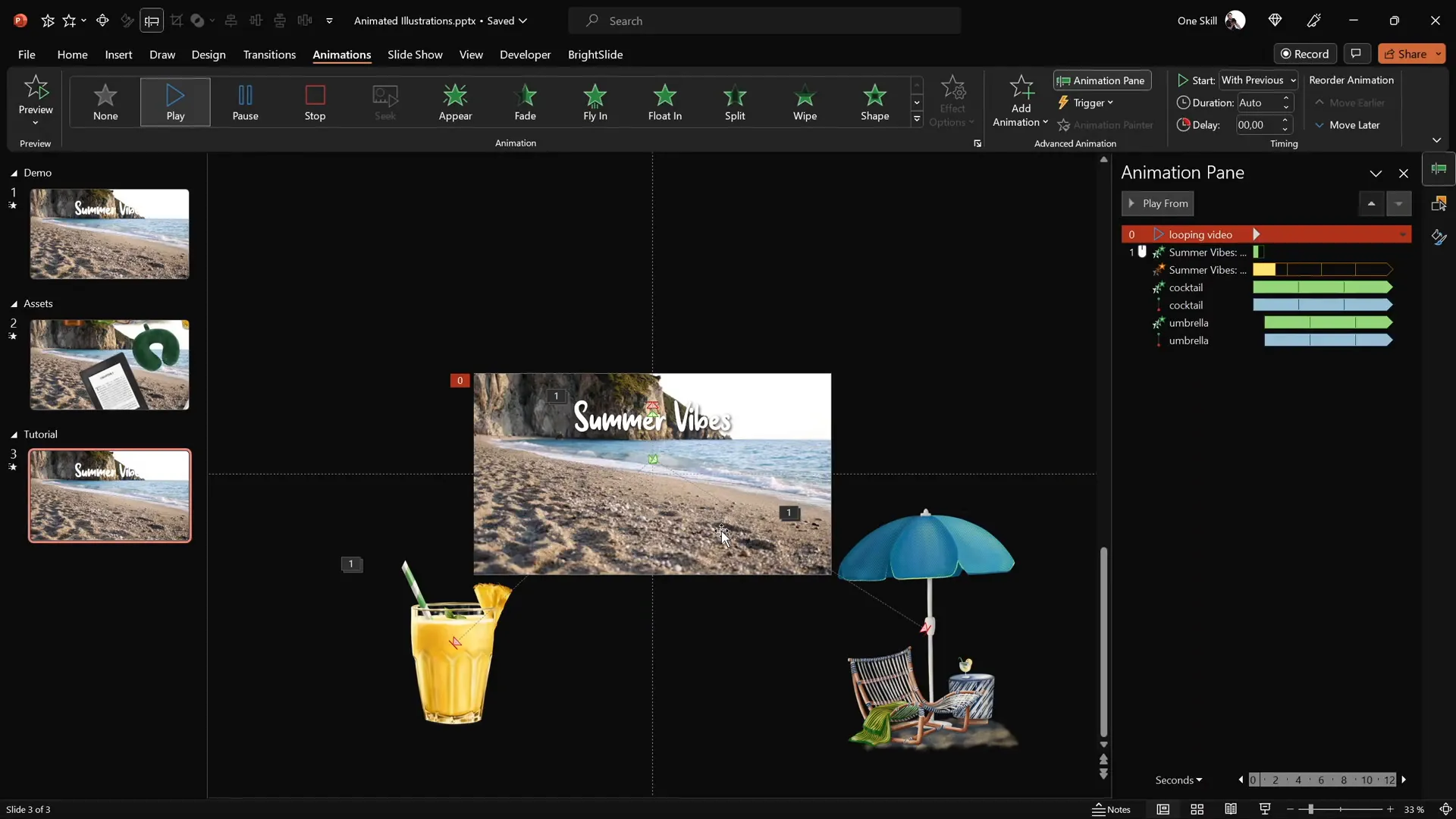 Multiple summer illustrations with staggered looping animations