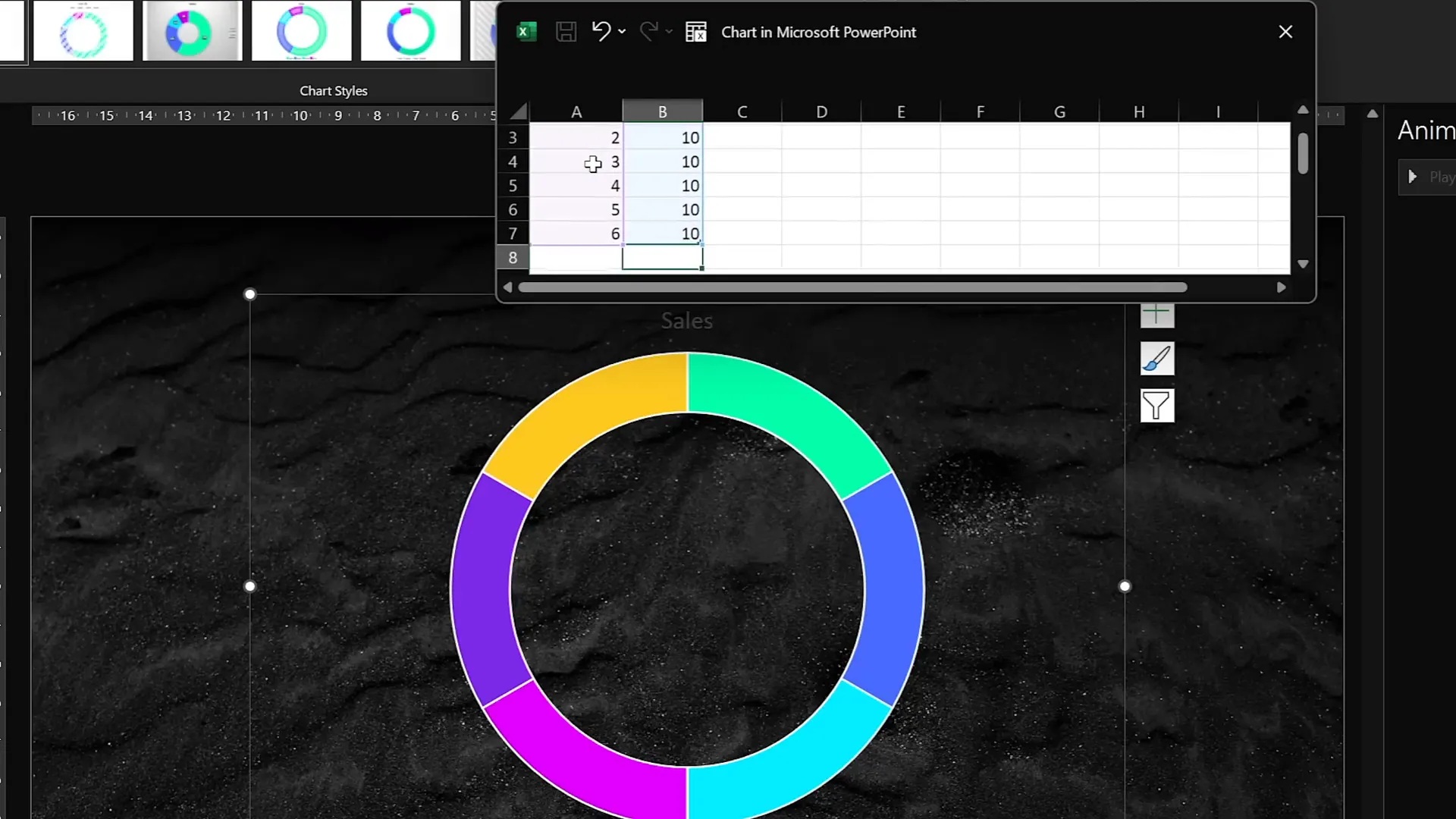 Donut chart divided into six equal parts with gaps