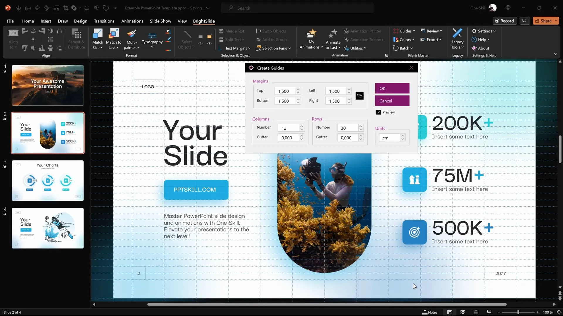PowerPoint slide with multiple guides for alignment and spacing