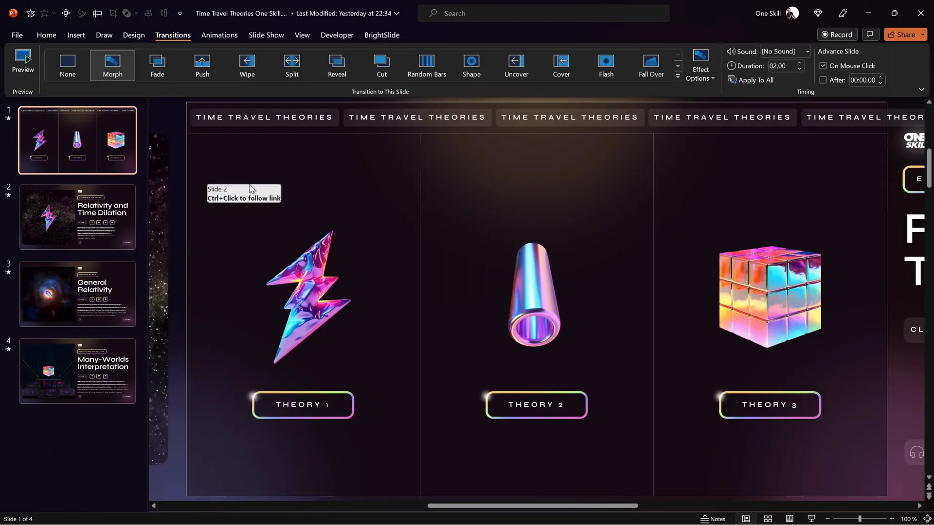 Animation pane showing triggers and morph transitions in PowerPoint