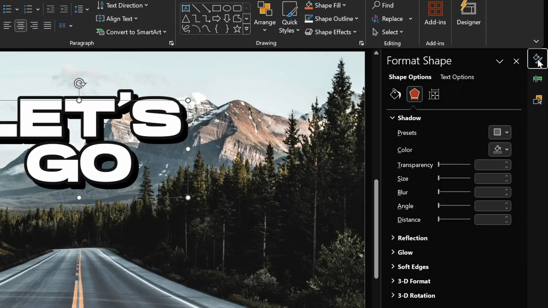 Adding outline and shadow effects to slide title text