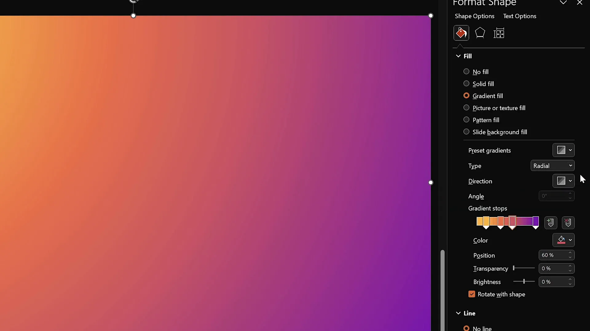 Applying radial gradient fill to the rectangle covering the slide