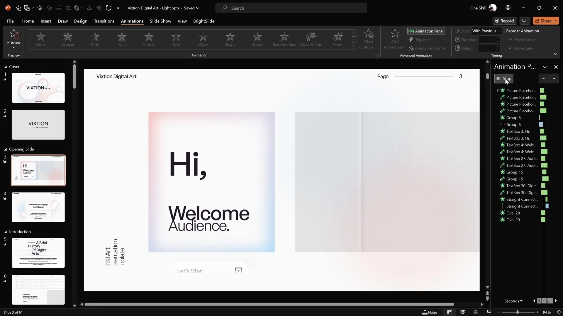 Animation pane showing smooth entrance and motion path animations