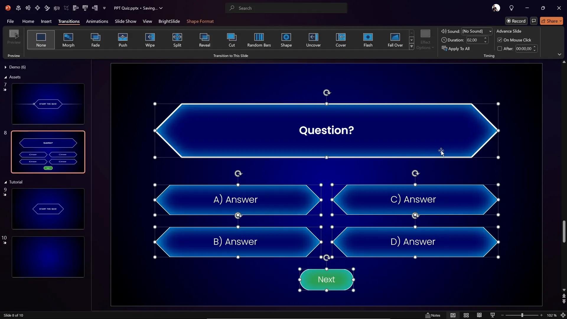 Duplicating and preparing question slides with placeholders for answers and next button