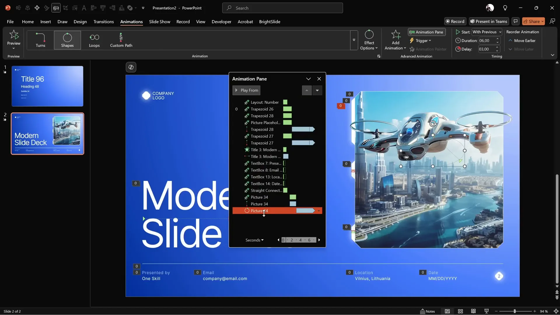 PowerPoint animation pane showing drone motion path animations