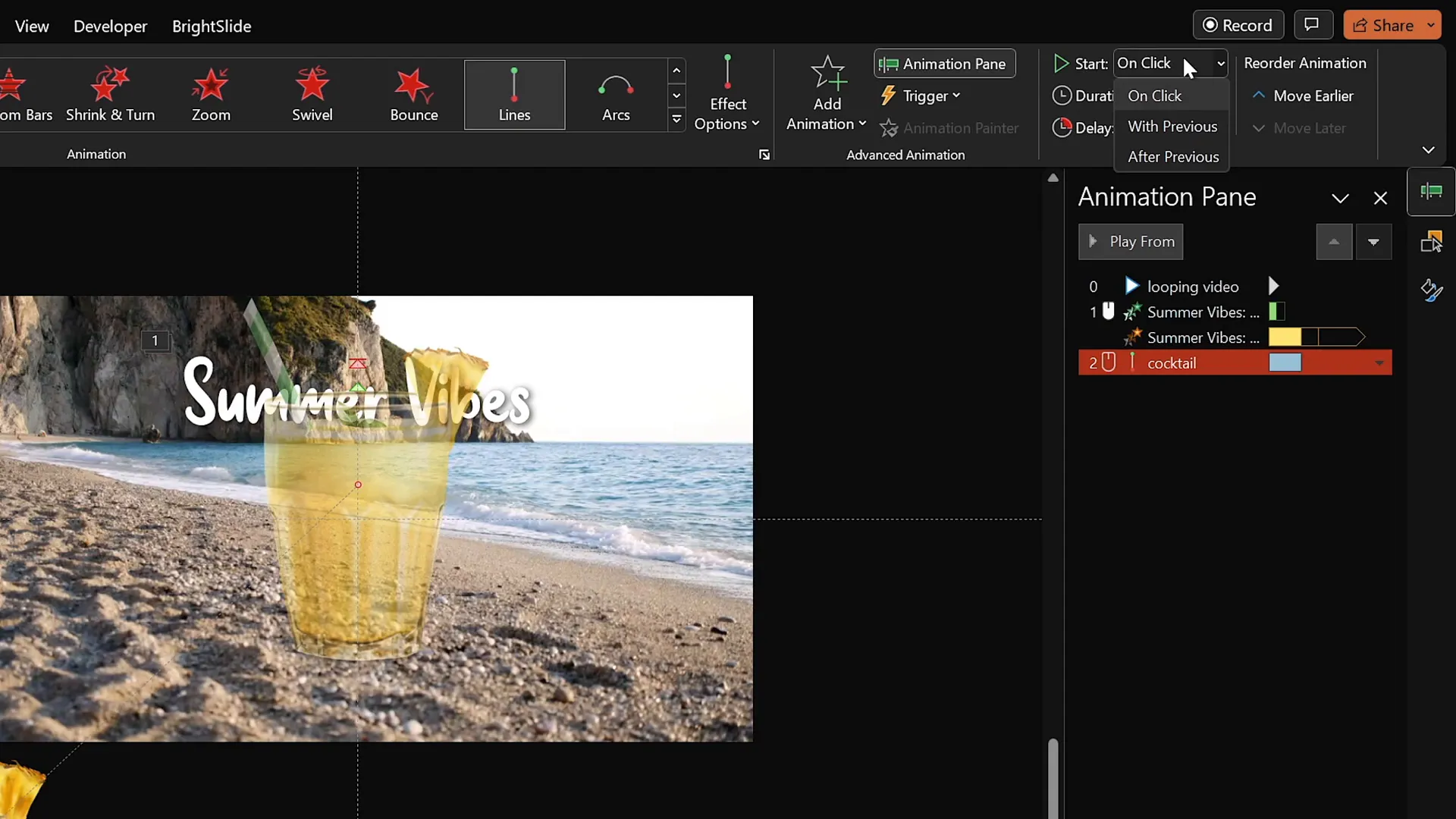 Adding and adjusting motion path animation to cocktail glass illustration