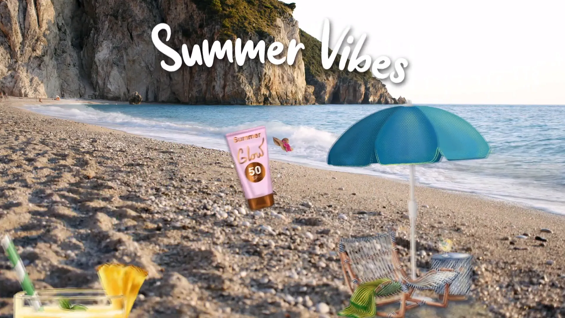Summer-themed PowerPoint slide with video background and looping summer illustrations