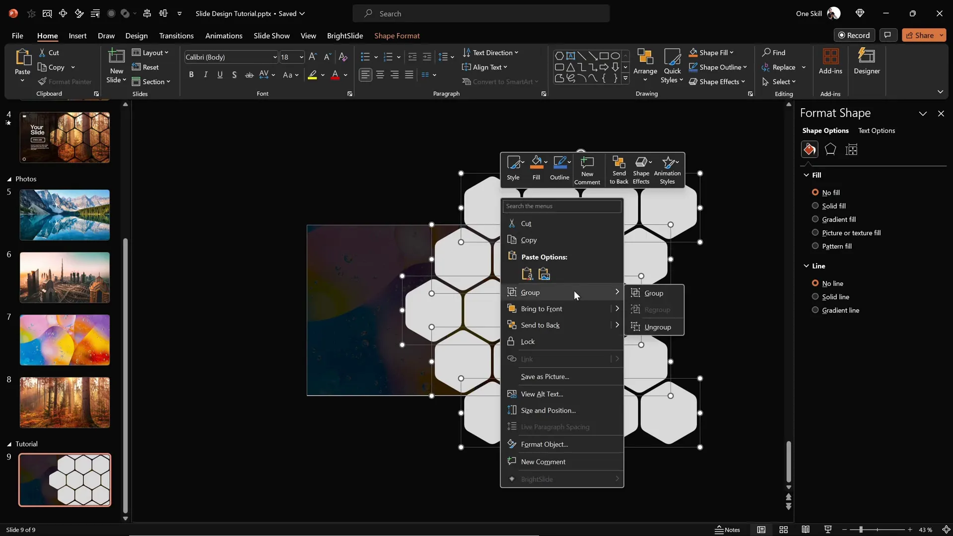 Arranging and grouping rounded hexagons to create a pattern on the slide