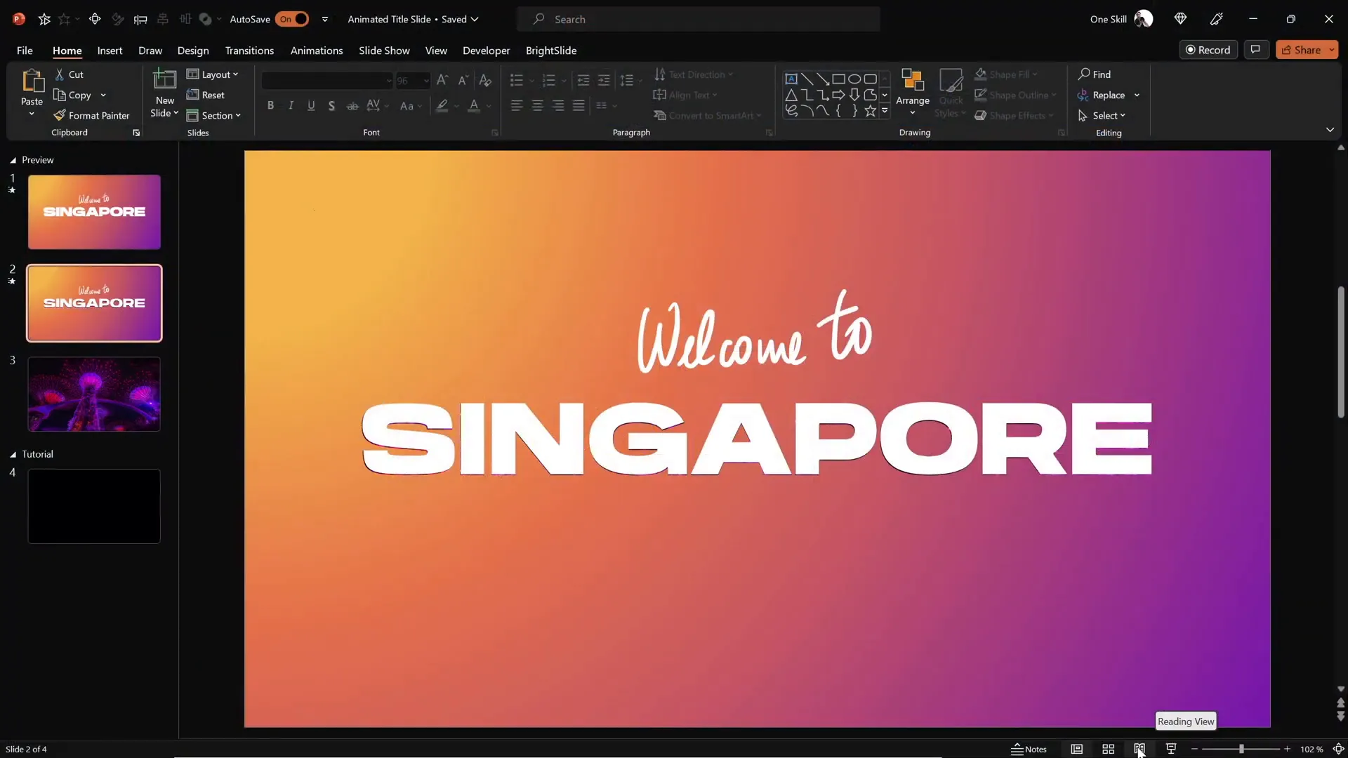 Animated PowerPoint title slide example with Singapore text and video background