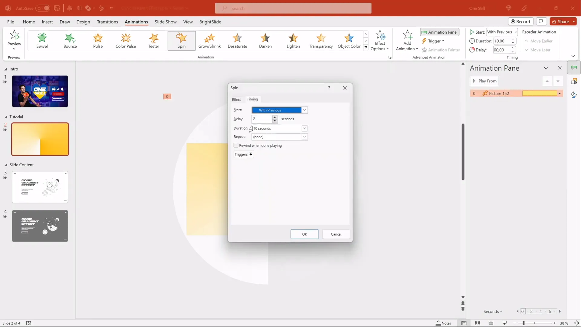 PowerPoint animation pane showing spin effect options