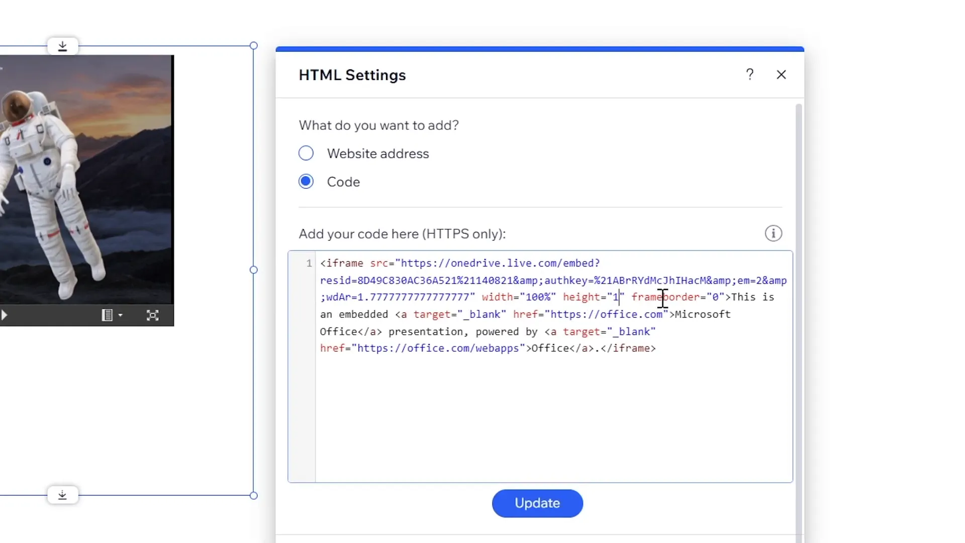 Editing embed code dimensions to 100% width and height