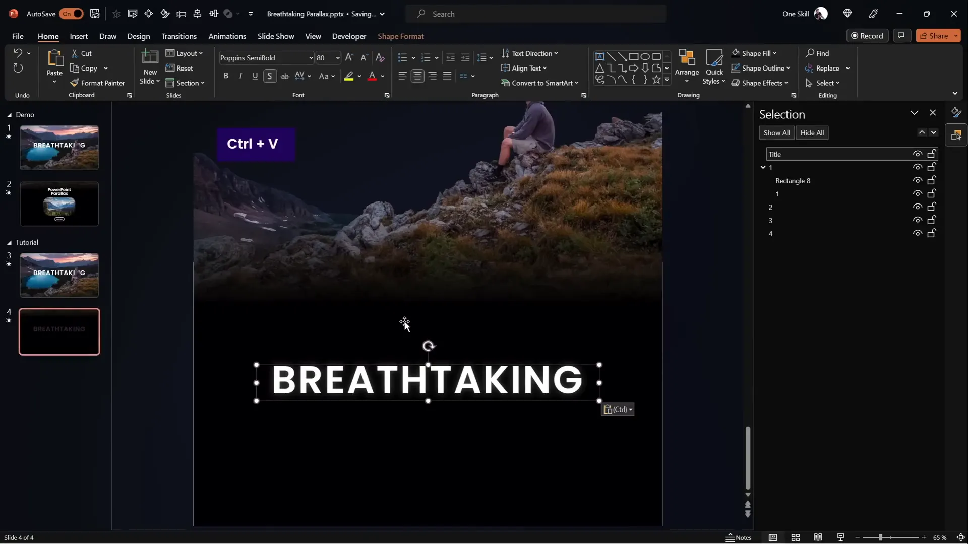Slide title positioned behind foreground layer and animated into view
