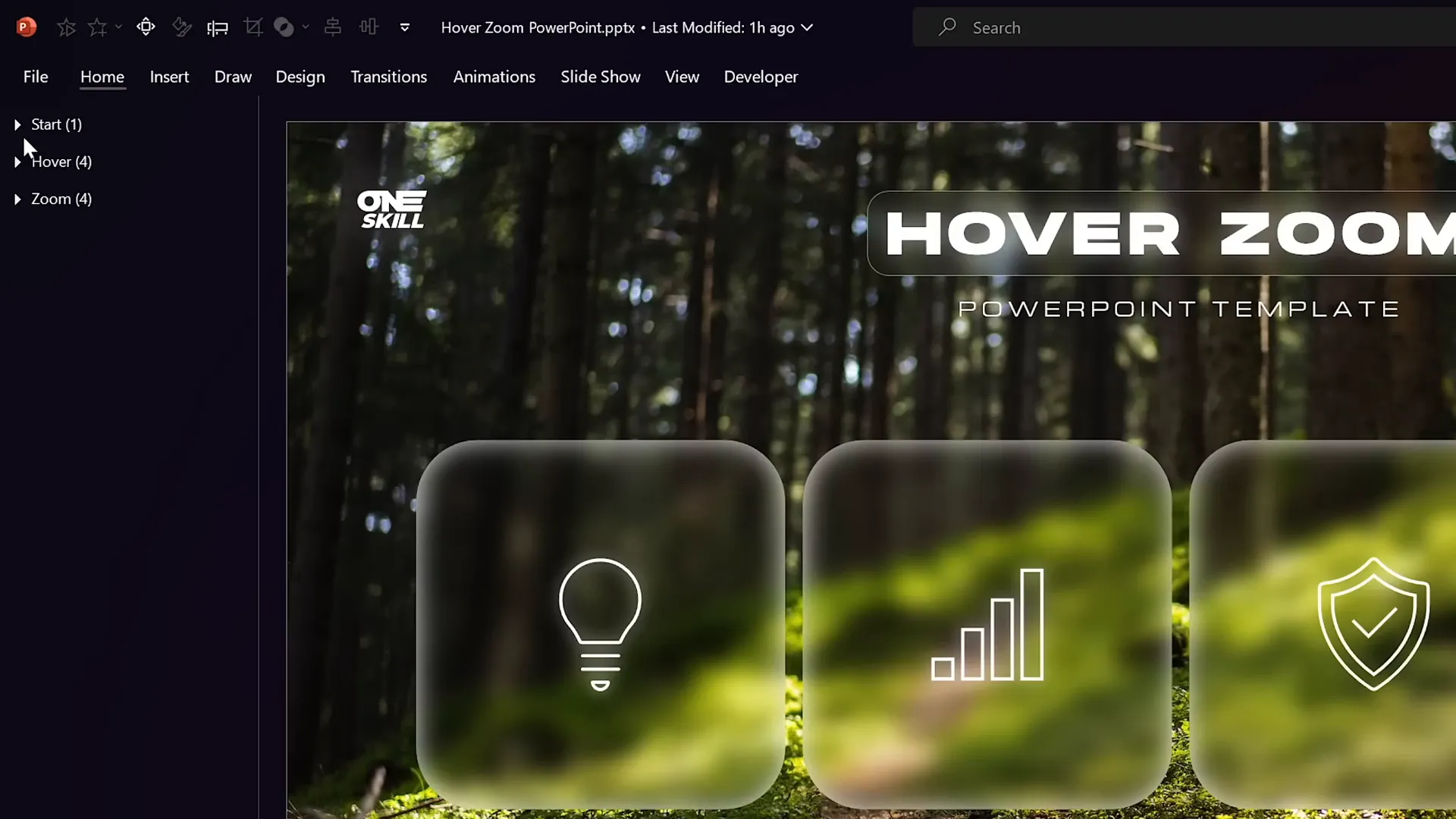 PowerPoint slide sections for start, hover, and zoom