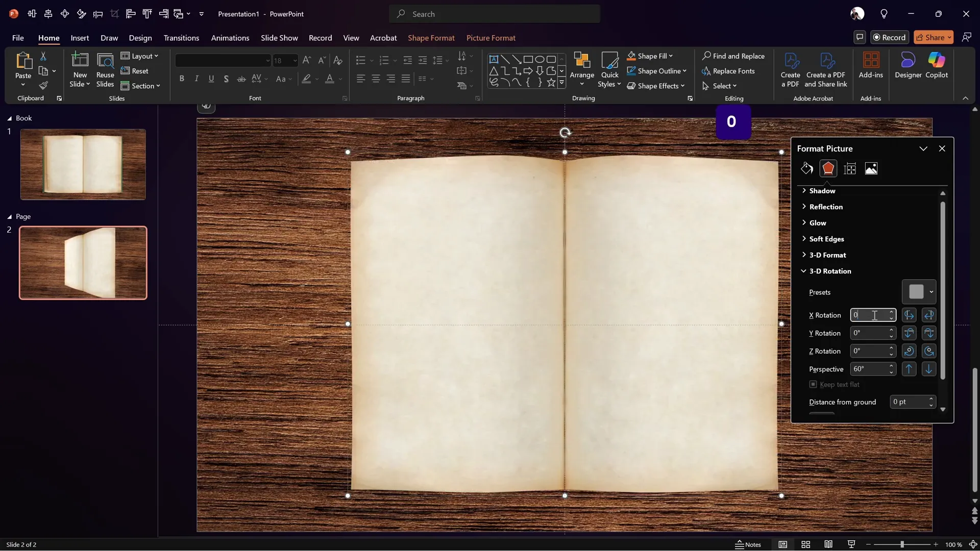 3D rotation settings applied to page group in PowerPoint