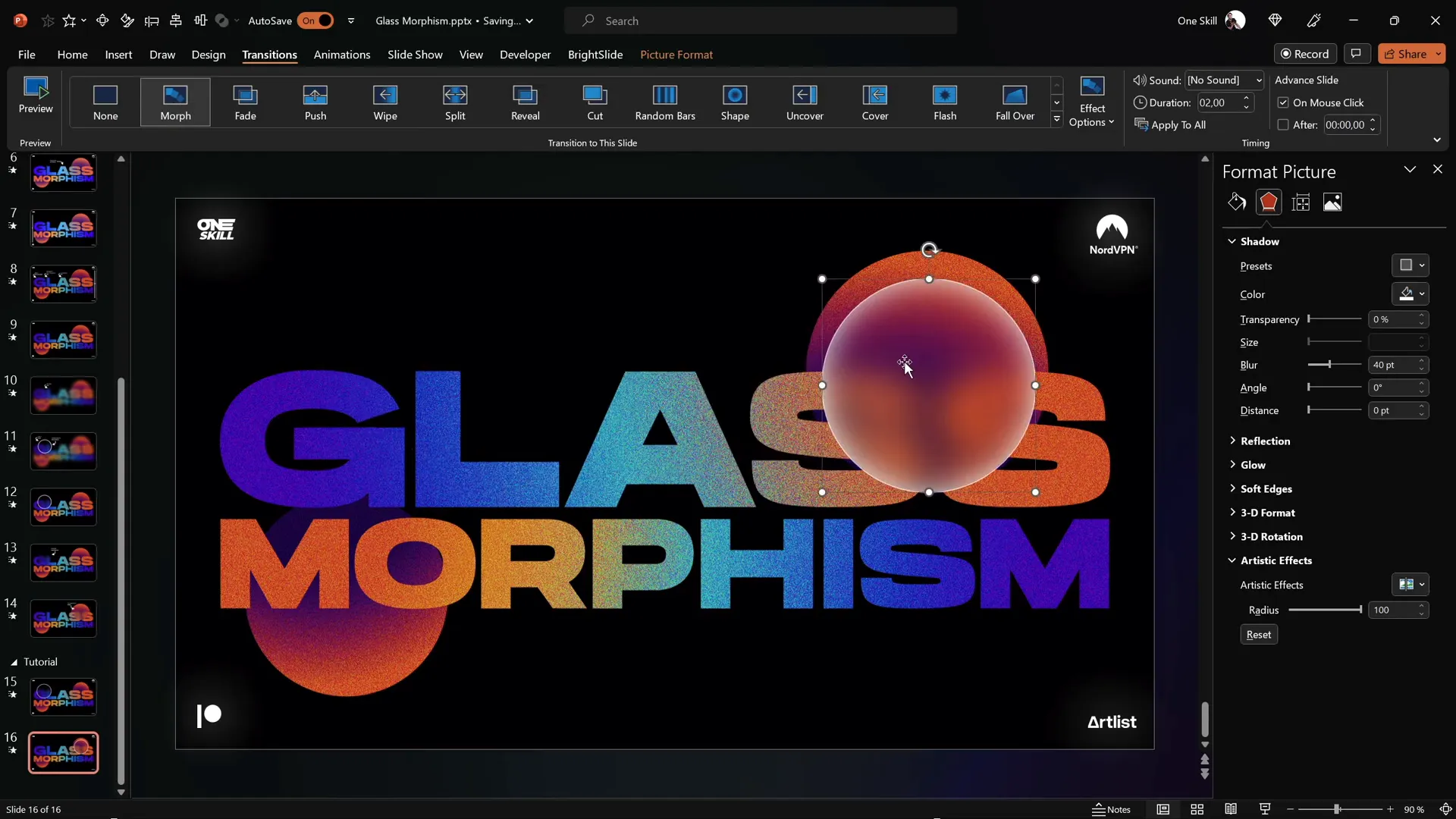 Morph transition applied between slides with repositioned circle