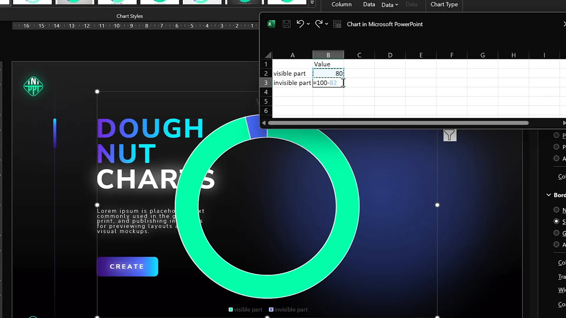 Auto-updating donut chart with formula for invisible part