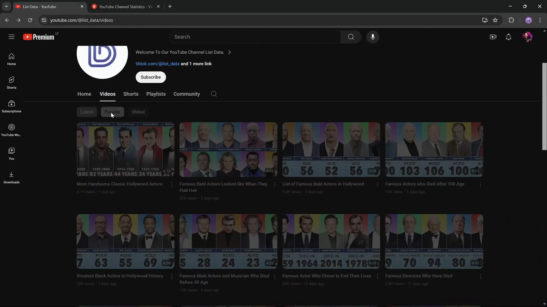 List Data YouTube channel page with video thumbnails