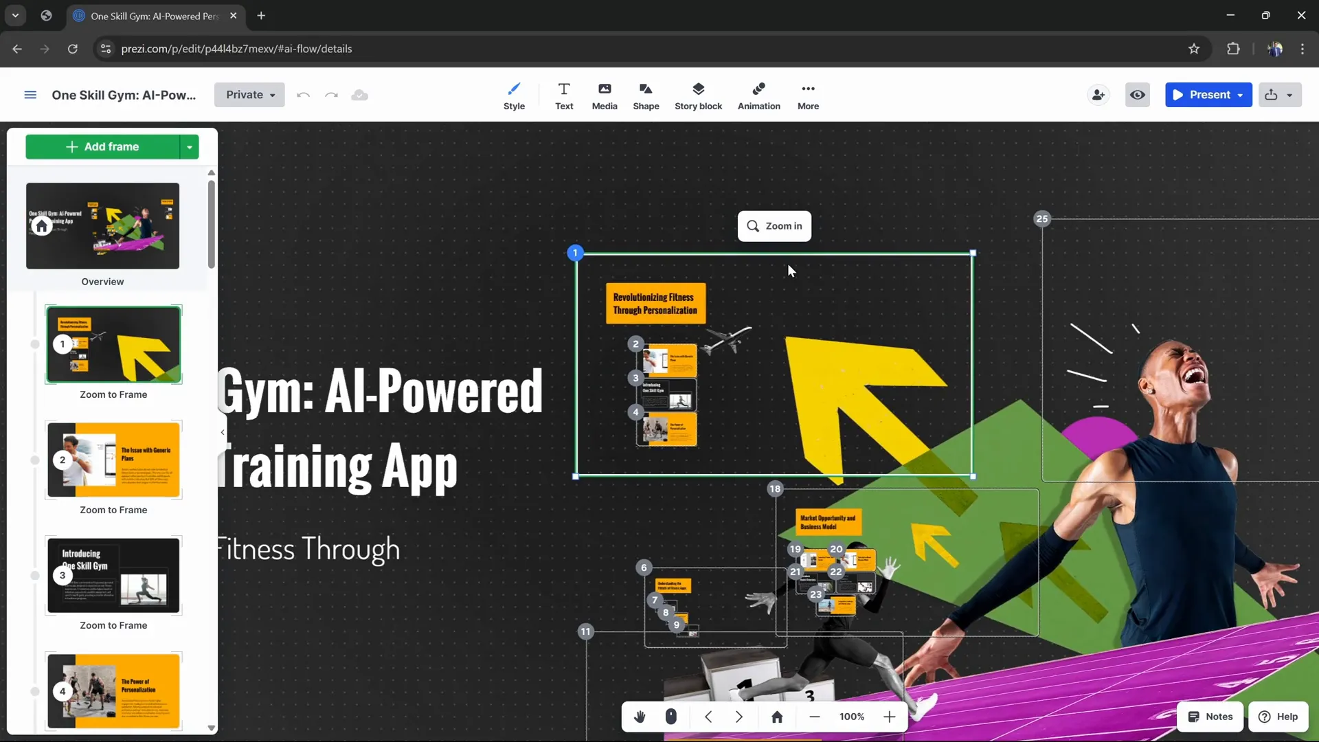 Prezi AI open canvas with frames and timeline