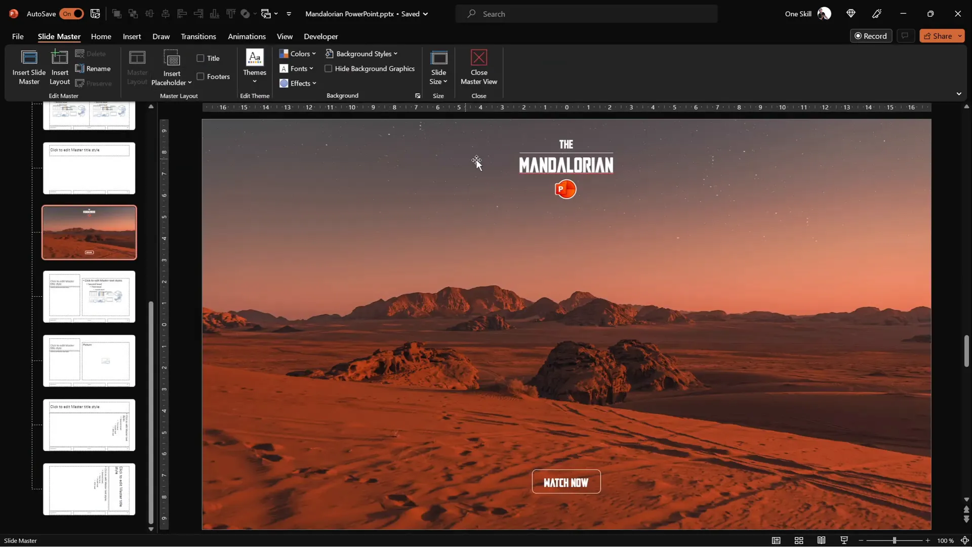 Slide Master view with grouped text boxes and logo