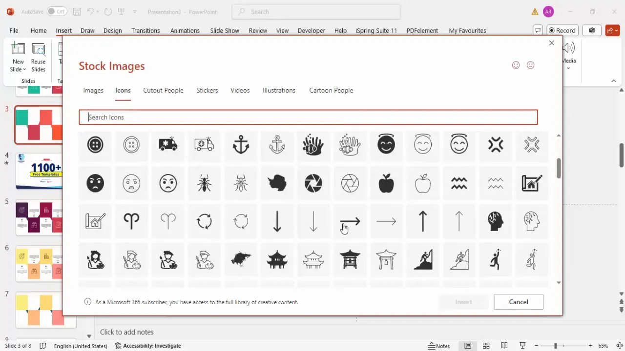 Inserting and positioning icons on infographic options