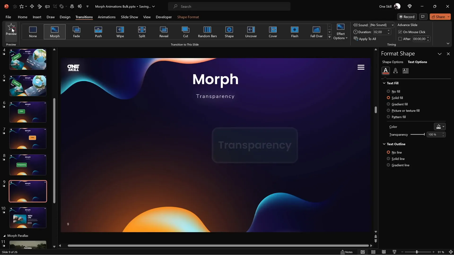 Morph transition animating transparency fade effect