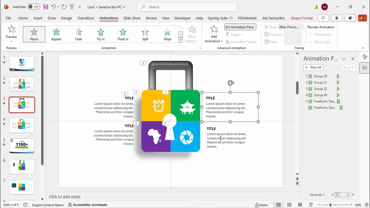 Animation pane showing sequential appearance of padlock segments and shadows