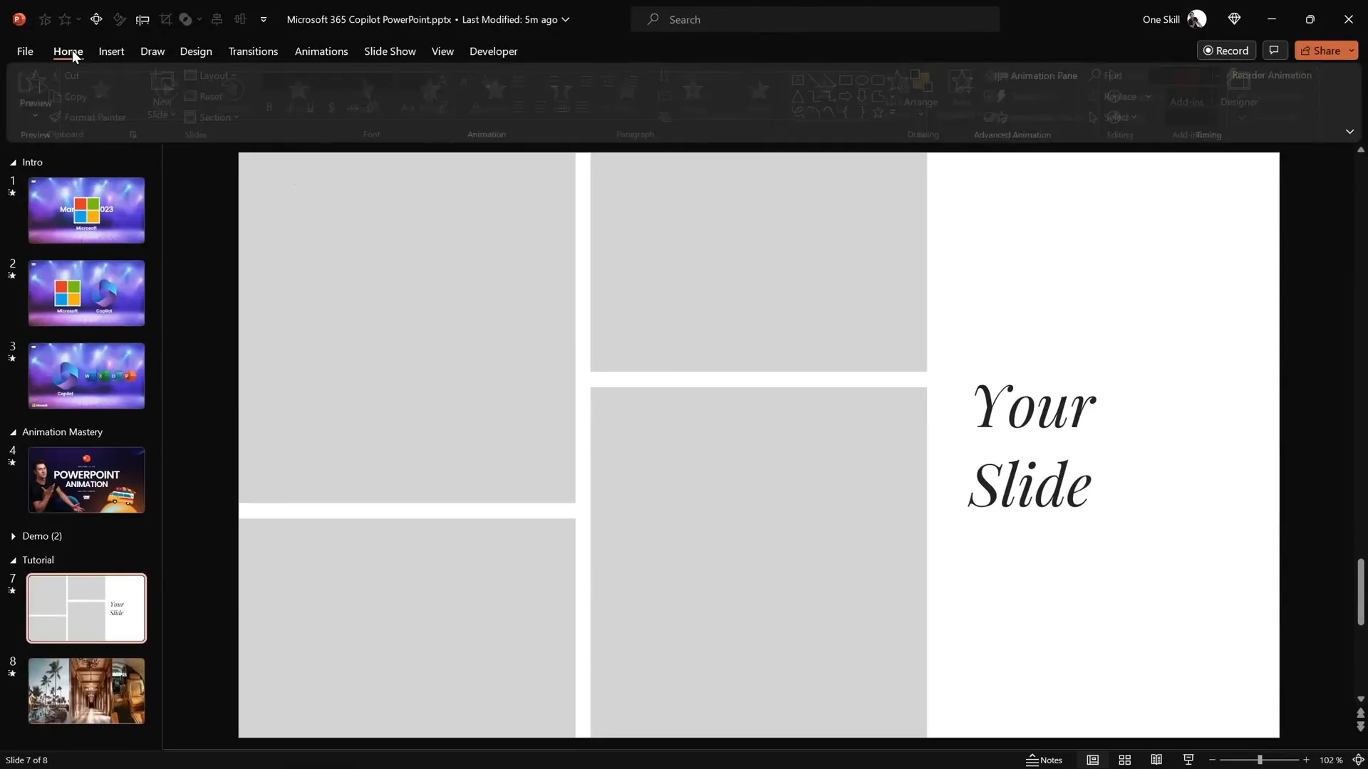 Slide layout with four rectangles and two text boxes