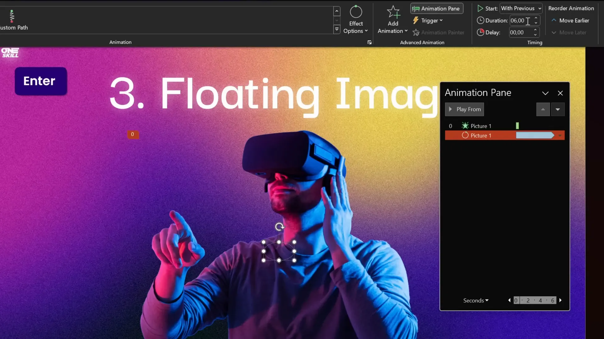 Animation pane showing floating image motion path and spin settings